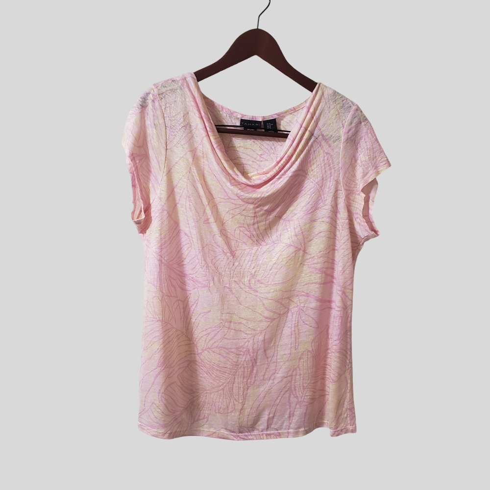 Tahari Womens XL Pink Palm Leaf Print 100% Linen Cowl Neck‎ Short Sleeve Top